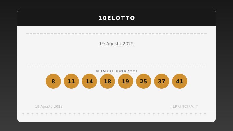 Estrazione 10eLotto 19 agosto 2025: la ventina vincente