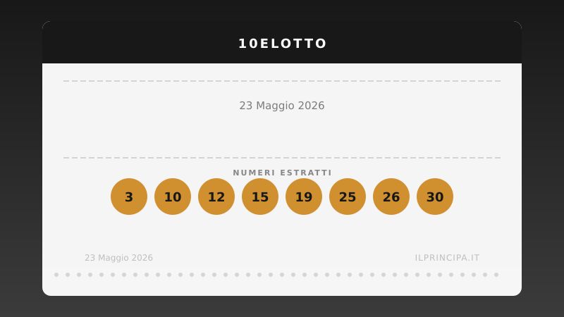 10eLotto, estrazione del 23 maggio 2026: i 20 numeri vincenti