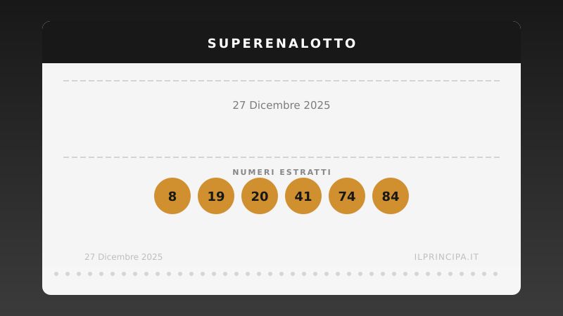 Estrazione SuperEnalotto del 27/12/2025: ecco la sestina